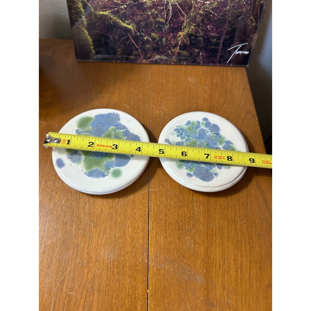 Vintage Artisan Studio Pottery Ceramic Coasters Blue Green Drip Glaze Set of 2 - Picture 2 of 3